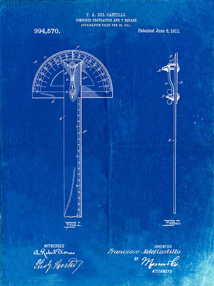 PP1002-Faded Blueprint Protractor T-Square Patent Poster