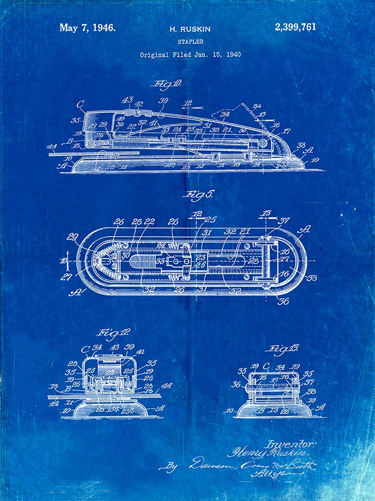 PP1052-Faded Blueprint Stapler Patent Poster