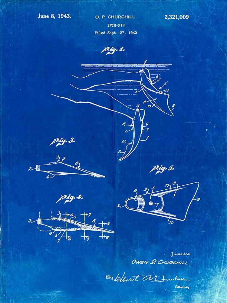 PP1079-Faded Blueprint Swim Fins Patent Poster