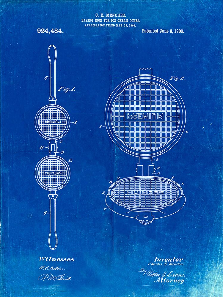 PP1130-Faded Blueprint Waffle Iron for Ice Cream Cones 1909 Patent Poster