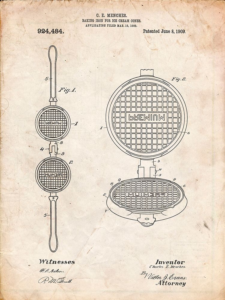 PP1130-Vintage Parchment Waffle Iron for Ice Cream Cones 1909 Patent Poster