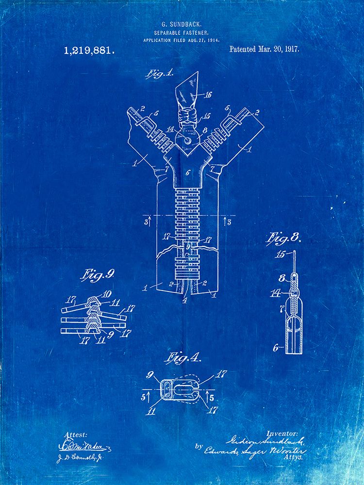 PP1143-Faded Blueprint Zipper 1917 Patent Poster