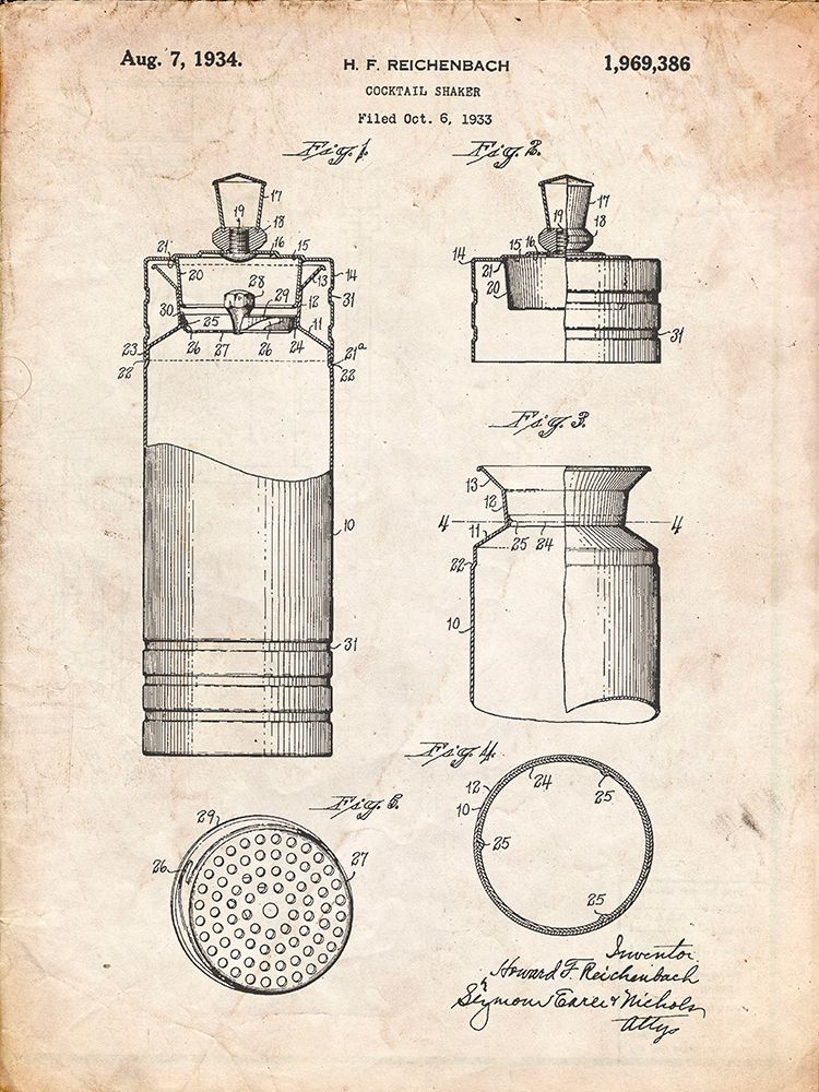 PP204- Vintage Parchment Cocktail Shaker Patent Poster