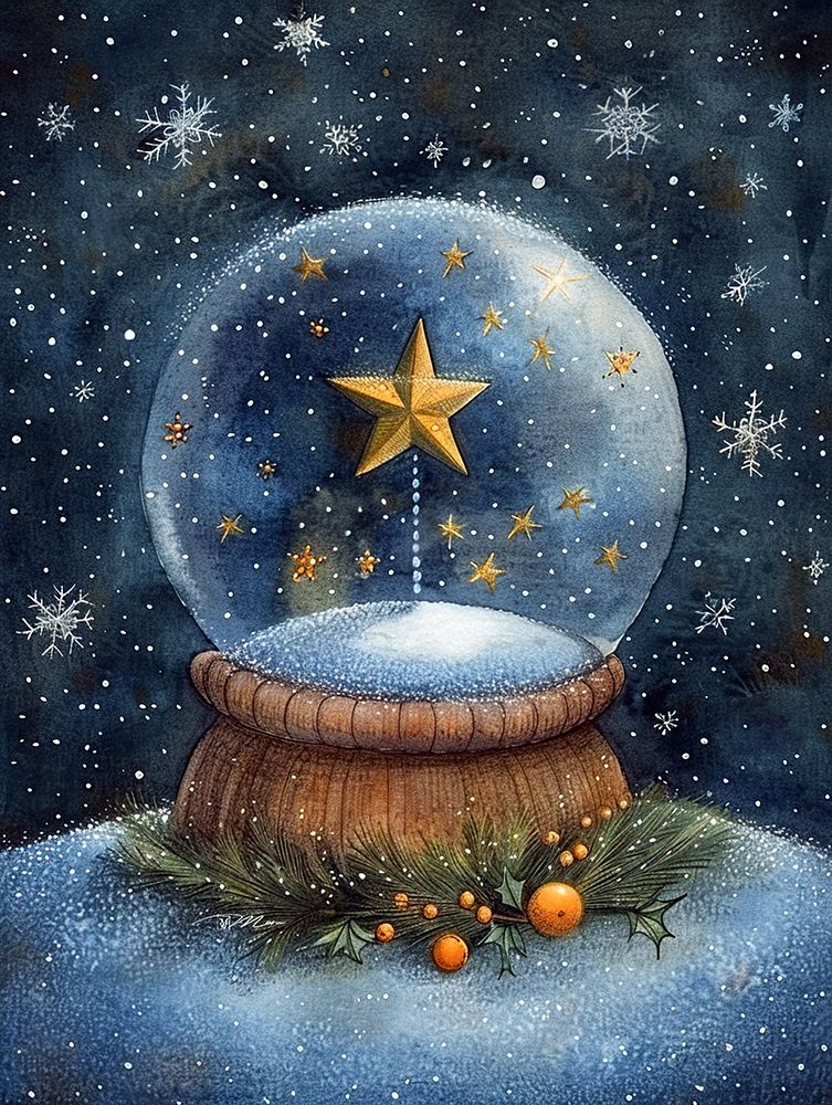Christmas Globe With Star And Snow Blue