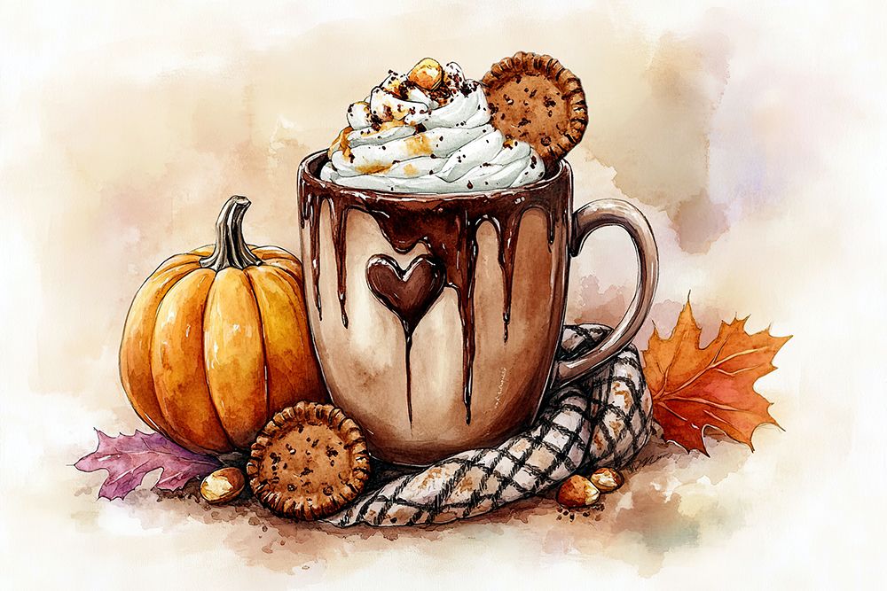Cup Of Chocolate And Cream With Pumpkin And Cookies