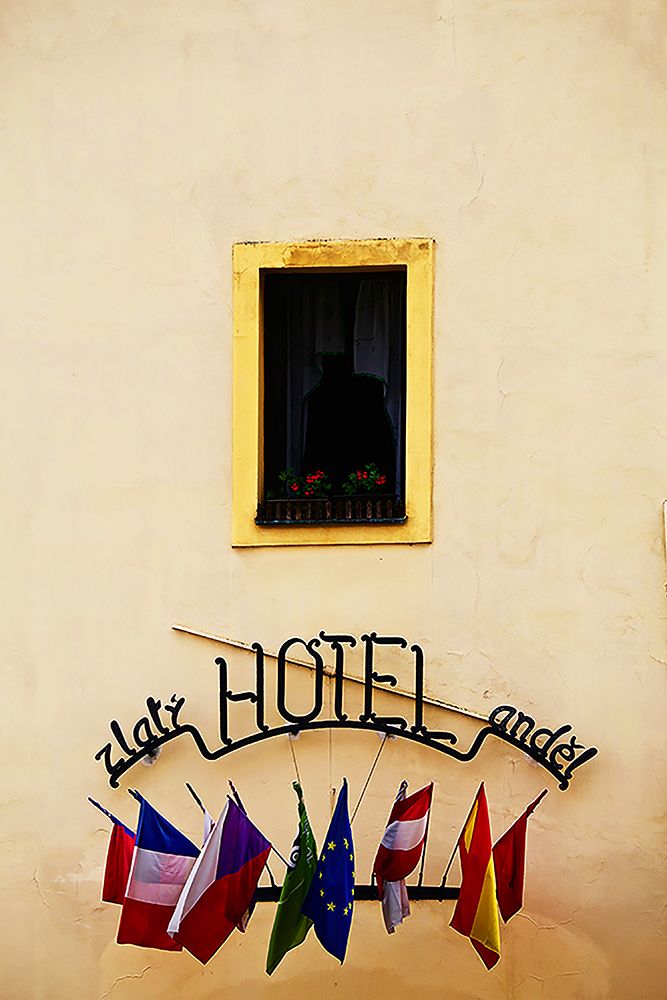 Hotel Window with Flags