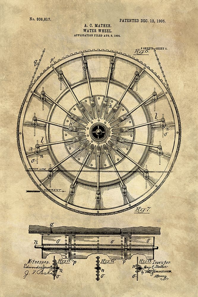Water Wheel Blueprint Industrial Farmhouse