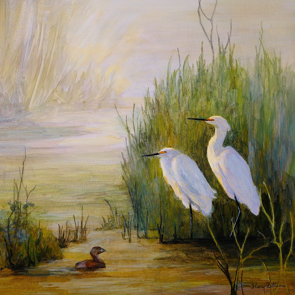 Egrets and Grebe