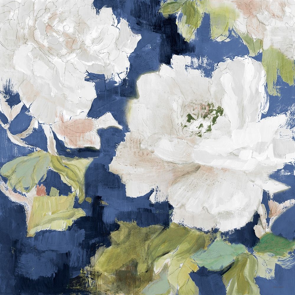 White Modern Peonies on Blue I