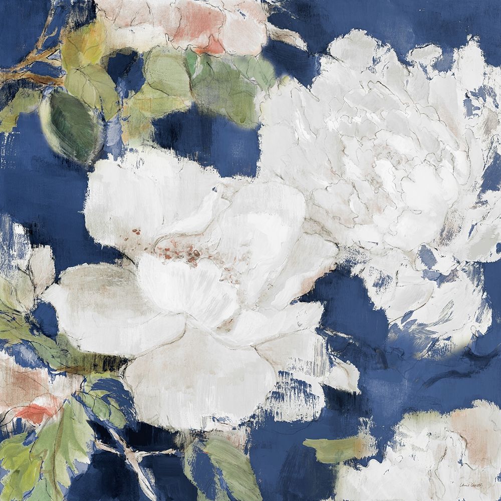 White Modern Peonies on Blue II