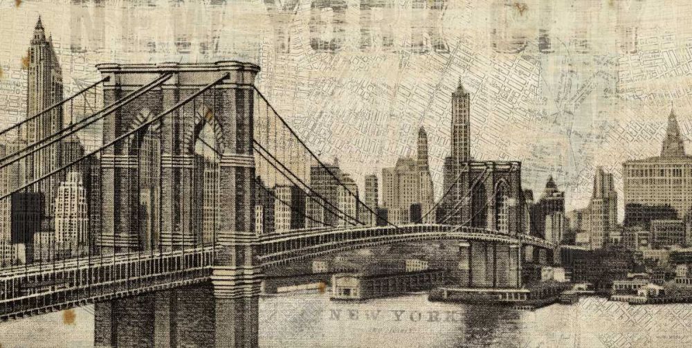 Vintage NY Brooklyn Bridge Skyline