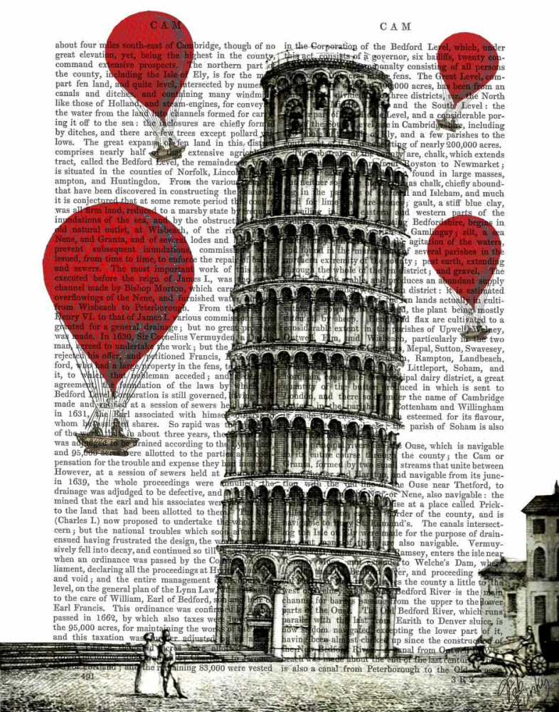 Tower of Pisa and Red Hot Air Balloons
