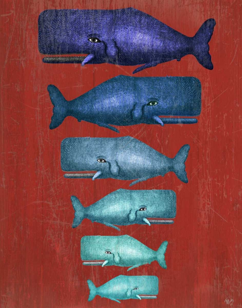 Whale Family Blue on Red