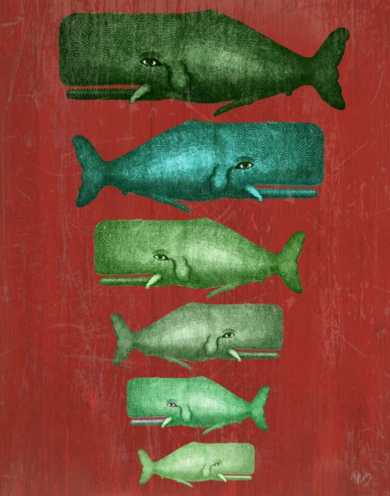 Whale Family Green on Red