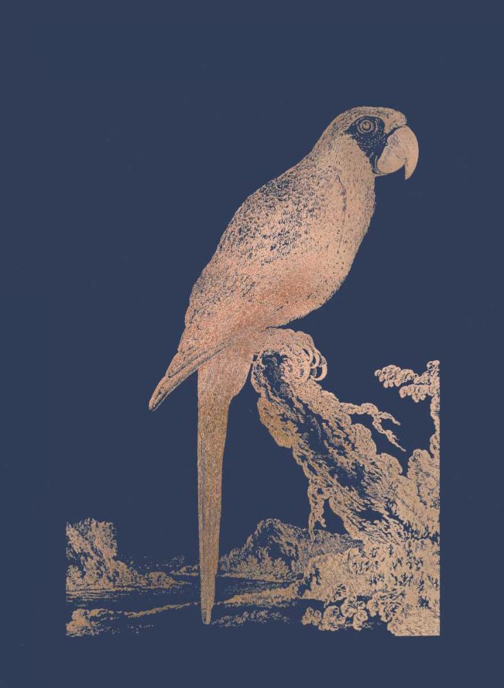 Rose Gold Foil Parrot I on Imperial Blue