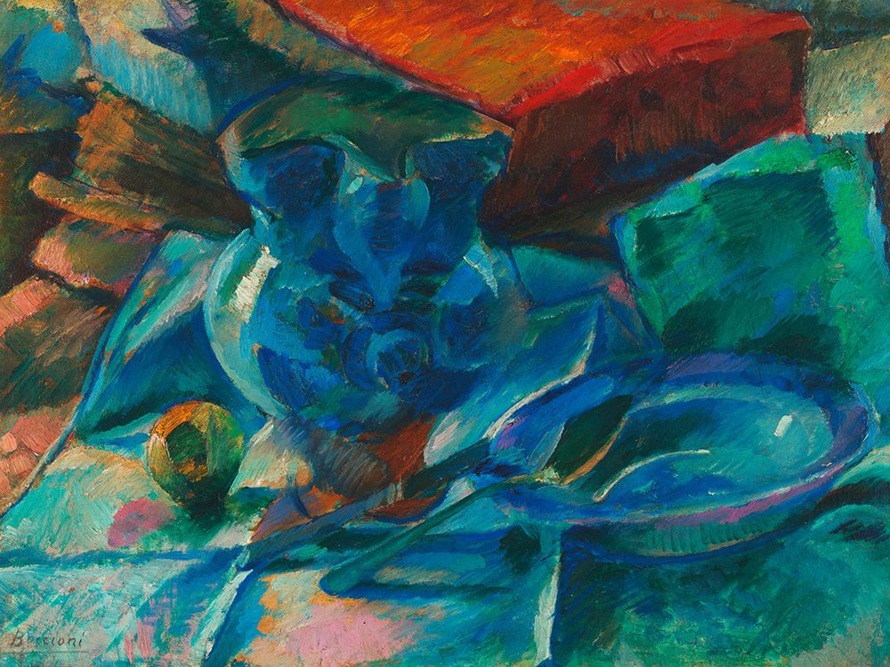 Natura morta di terraglie posate e frutta, 1915-1916