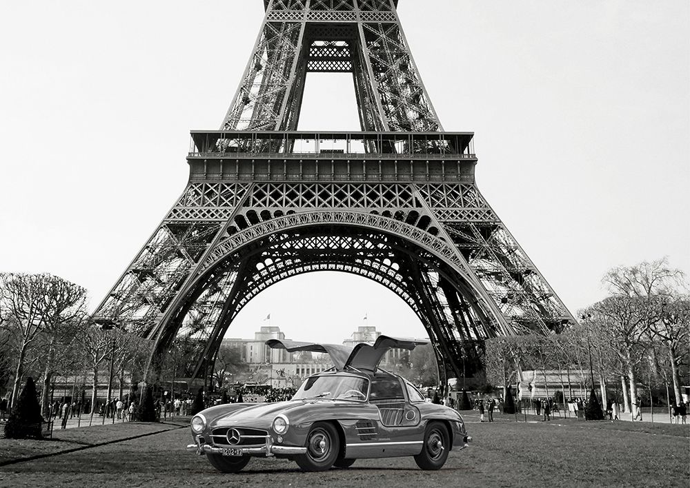 Roadster under the Eiffel Tower - BW