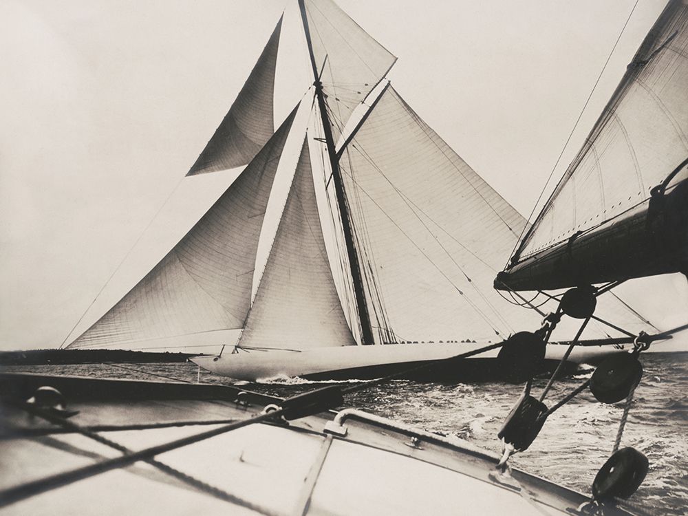 Side view of the yacht Reliance, Americas Cup, 1903