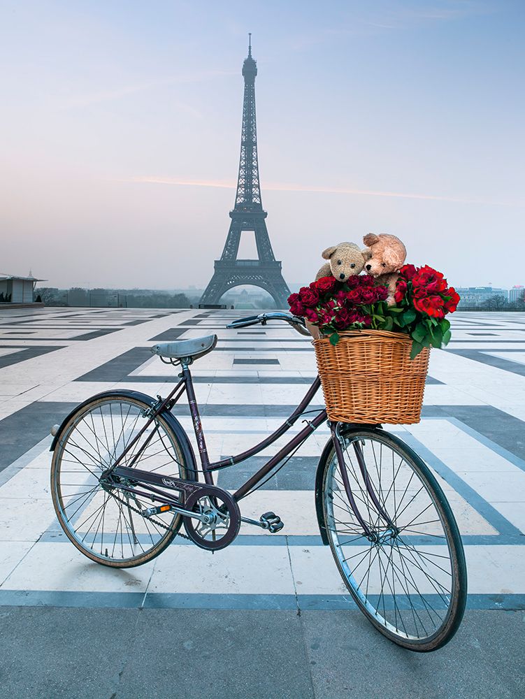 Teddy Bears and bunch of red roses on bicycle with Eiffel tower in the background