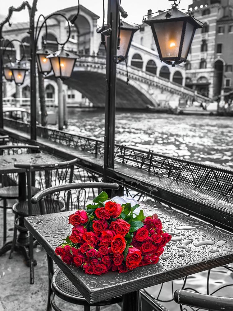 Bunch of red roses on street cafe table-Rialto Bridge-Venice-Italy