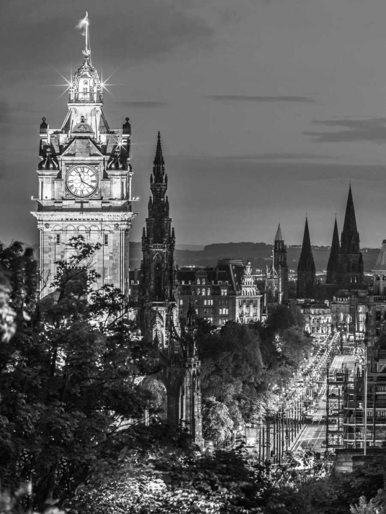 Princess streen and the Balmoral Hotel and night, Edinbrugh, Scotland, FTBR-1800