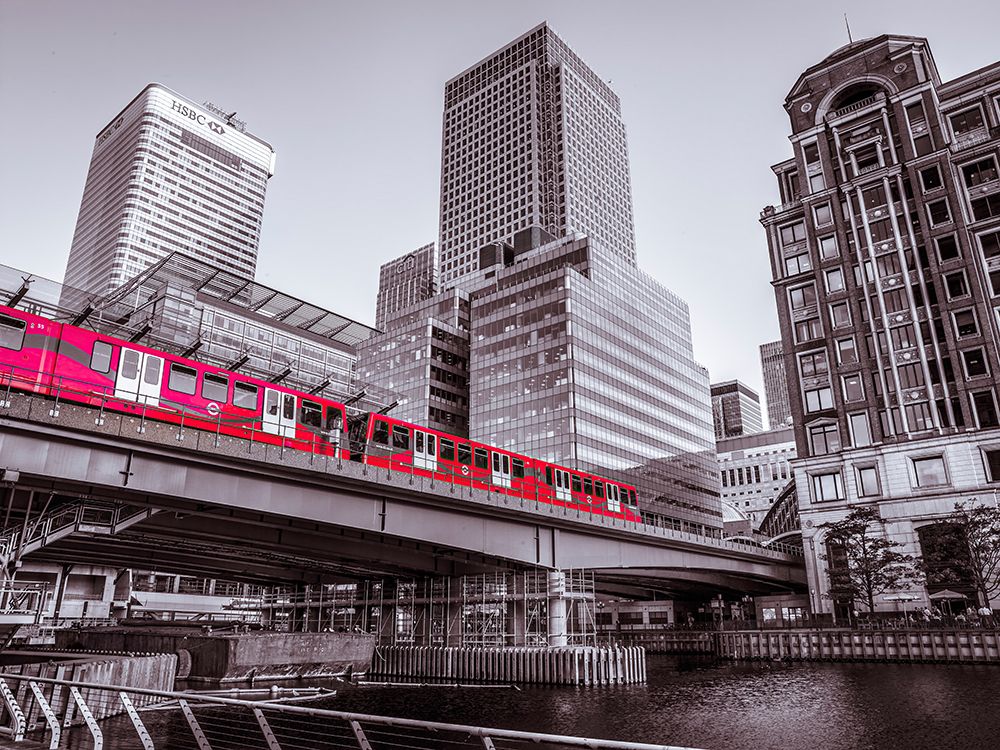 High rise buildings and a train, Canary Wharf, London