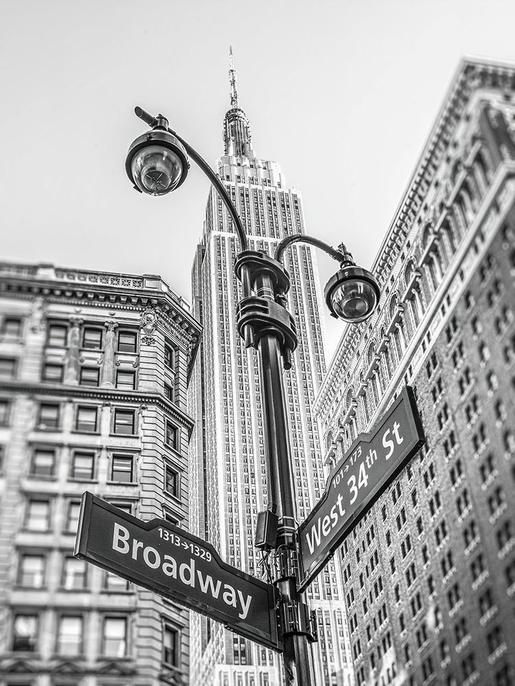 Street lamp and street signs with Empire State building in background - New York