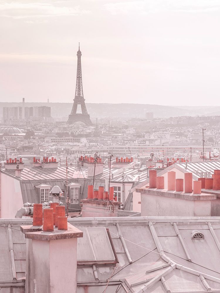 Eiffel Tower seen through the window of an apartment in Montmartre, Paris, France