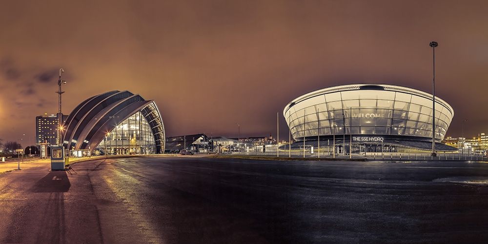 Evening view of Clyde Auditorium and SSE Hydro in Glasgow, FTBR-1904