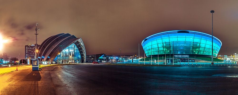 Evening view of Clyde Auditorium and SSE Hydro in Glasgow, FTBR-1903