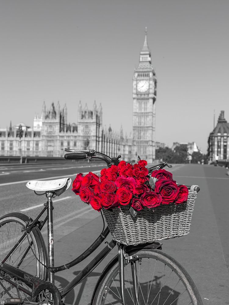 Bicycle with bunch of flowers on Westminster Bridge-London-UK