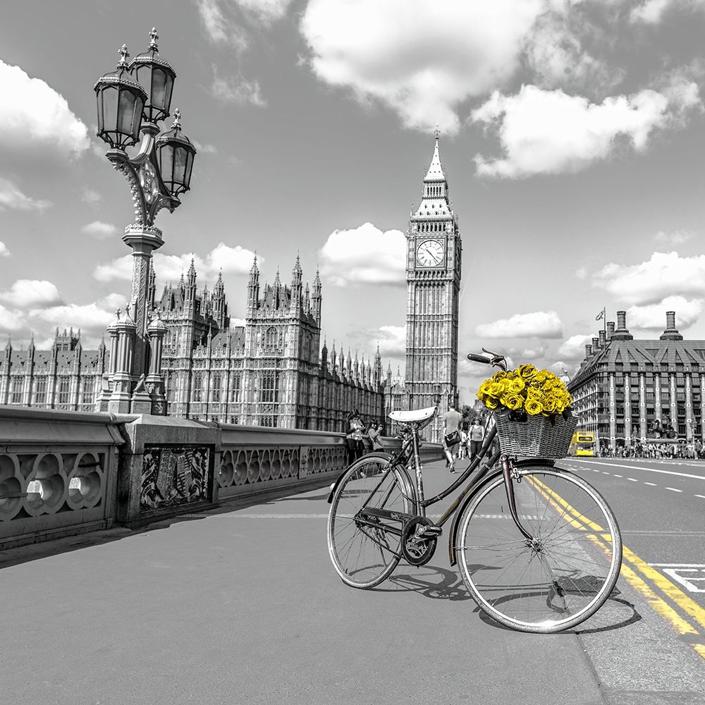 Bicycle with bunch of flowers on Westminster Bridge-London-UK