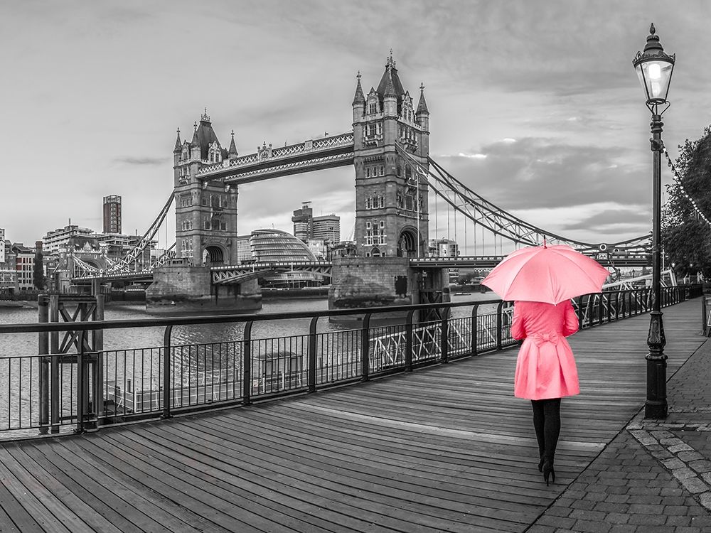 Lady in pink, Tower bridge, London