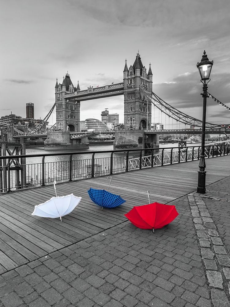 Colorful umbrellas on promenade near Tower bridge-London-UK