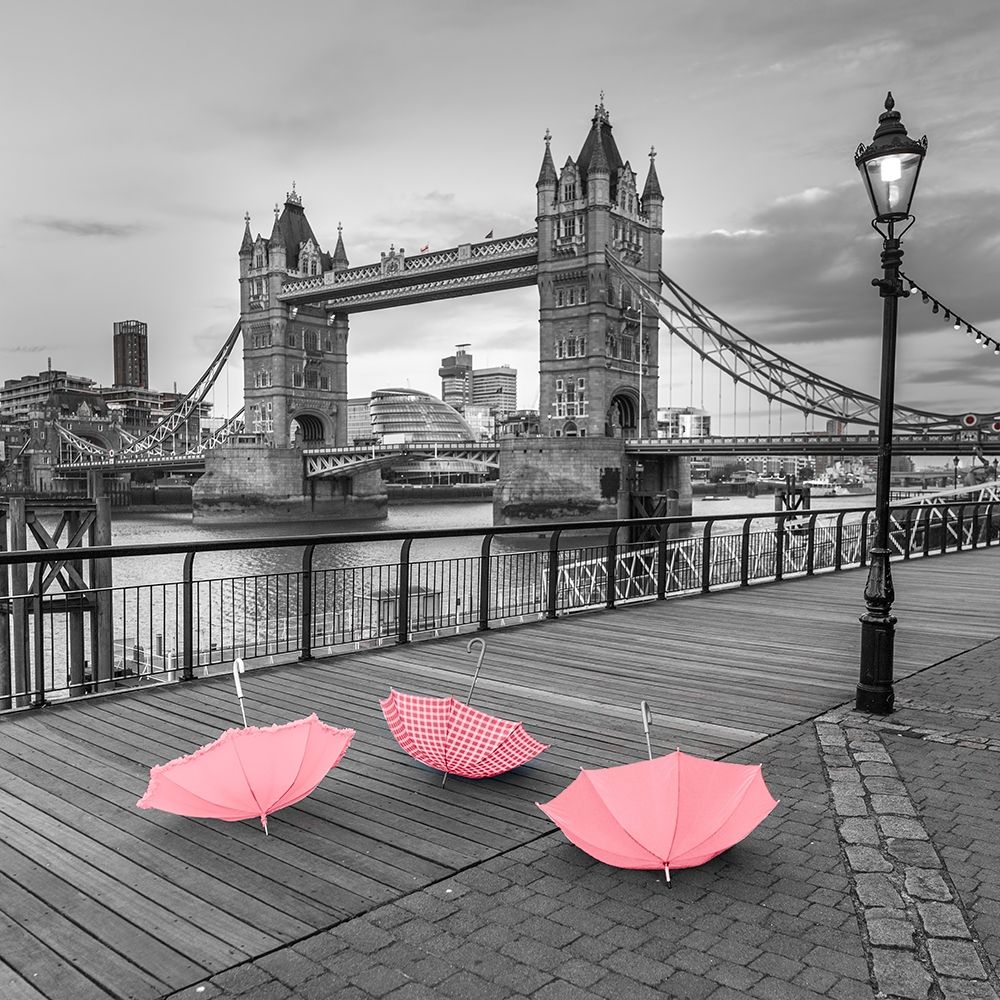 Pink umbrellas, Tower bridge, London