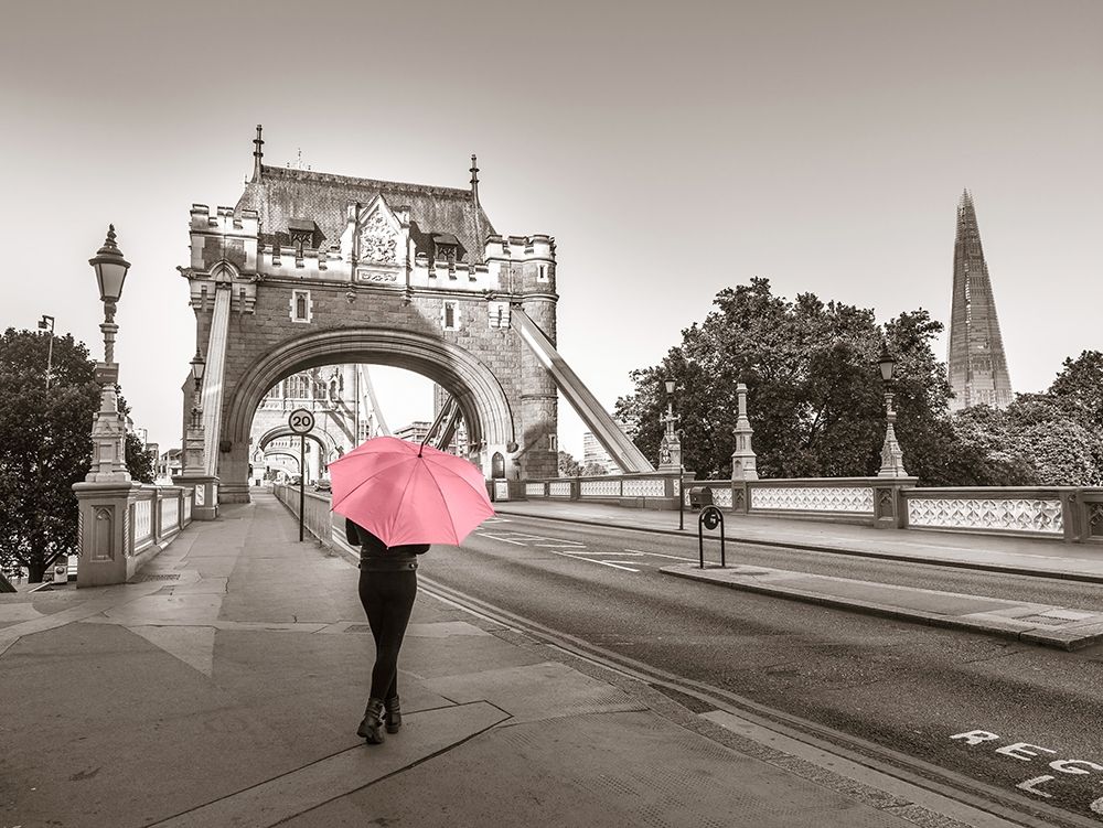 Lady with a pink umbrella, Tower bridge, London