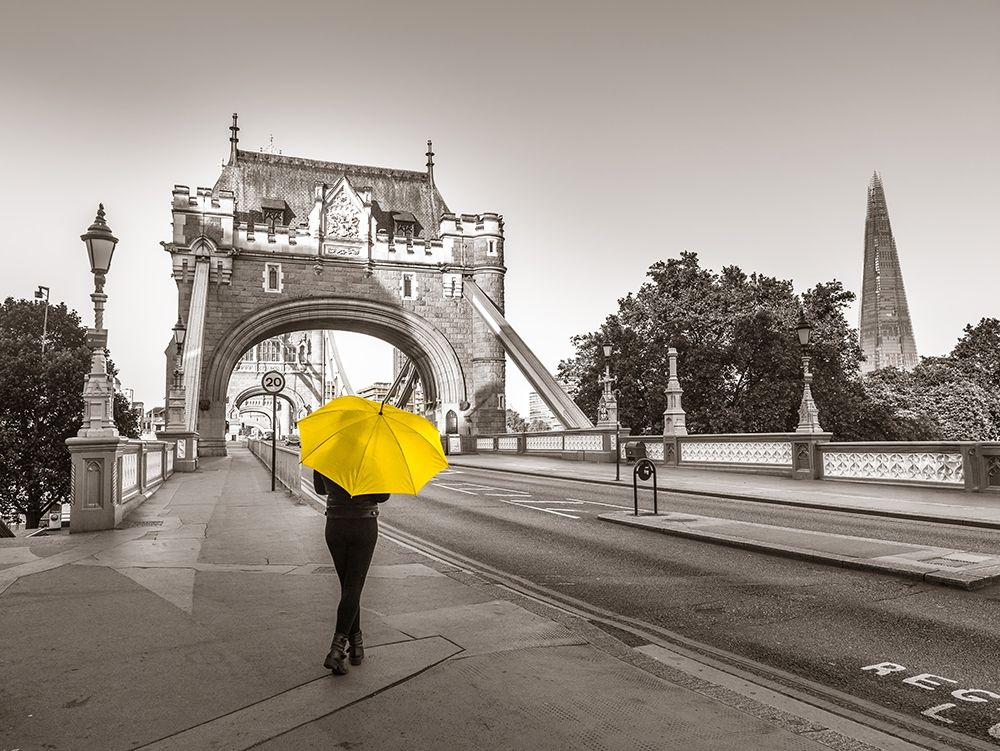 Lady with a yellow umbrella, Tower bridge, London