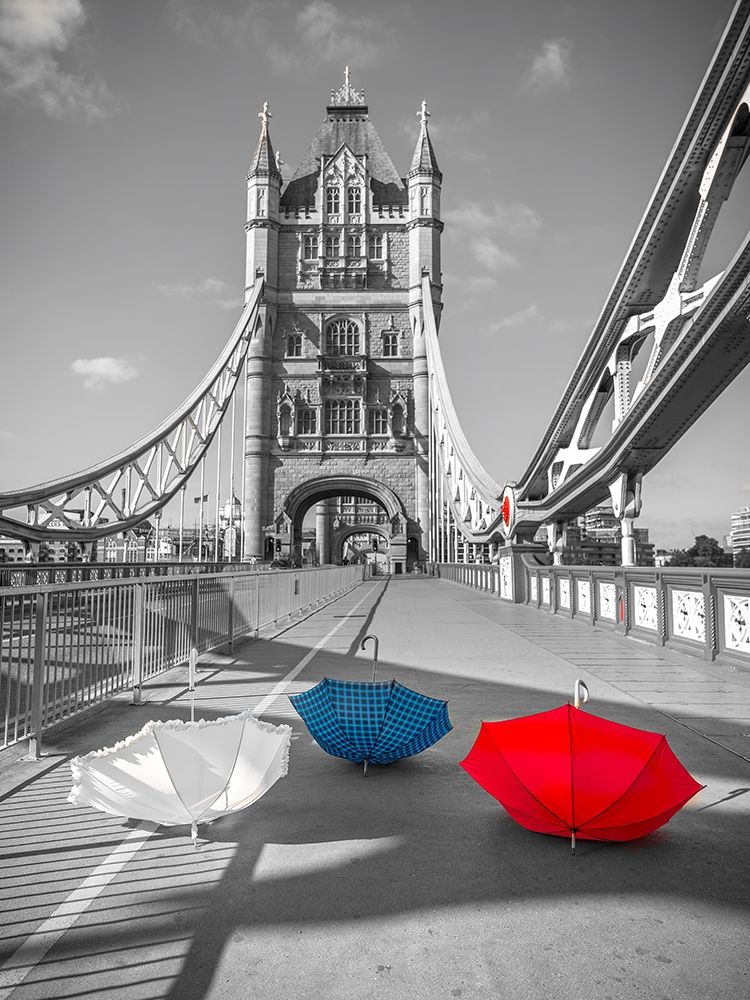 Colorful umbrellas on Tower bridge, London, UK