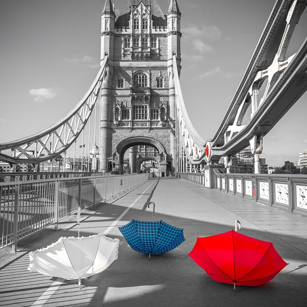 Colorful umbrellas on Tower bridge, London, UK