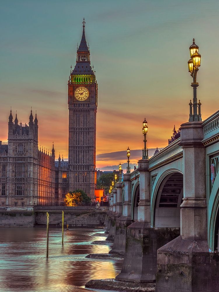 Westminster bridge and Big Ben from Thames promenade-London-UK