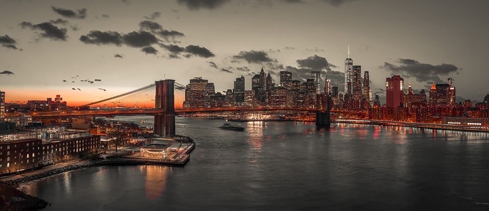Evening view of Lower Manhattan sky-skyline with Brooklyn bridge over East river, New York, FTBR-190