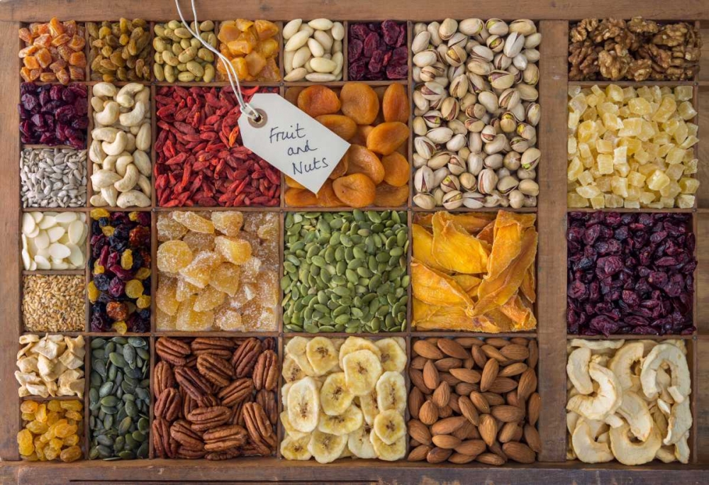 Assorted dry fruits in a wooden box
