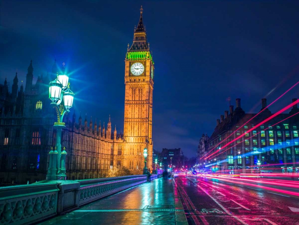 Big ben and westminster bridge with strip lights at night, London