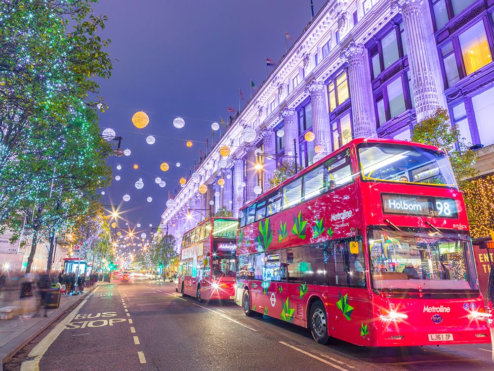 London street decorated with Christmas lights