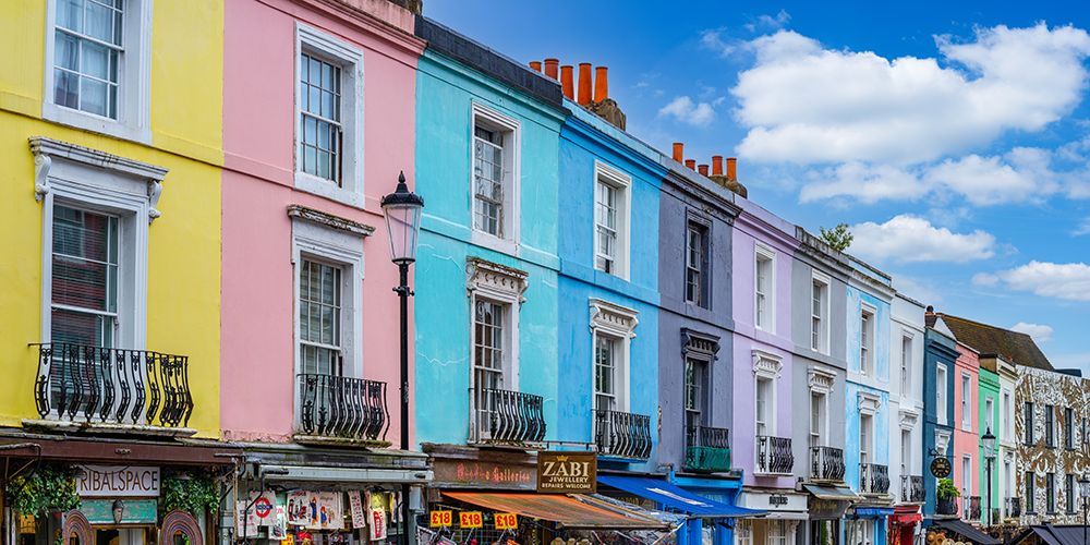 Multicoloured houses, Potrobello Road, Notting Hill, London