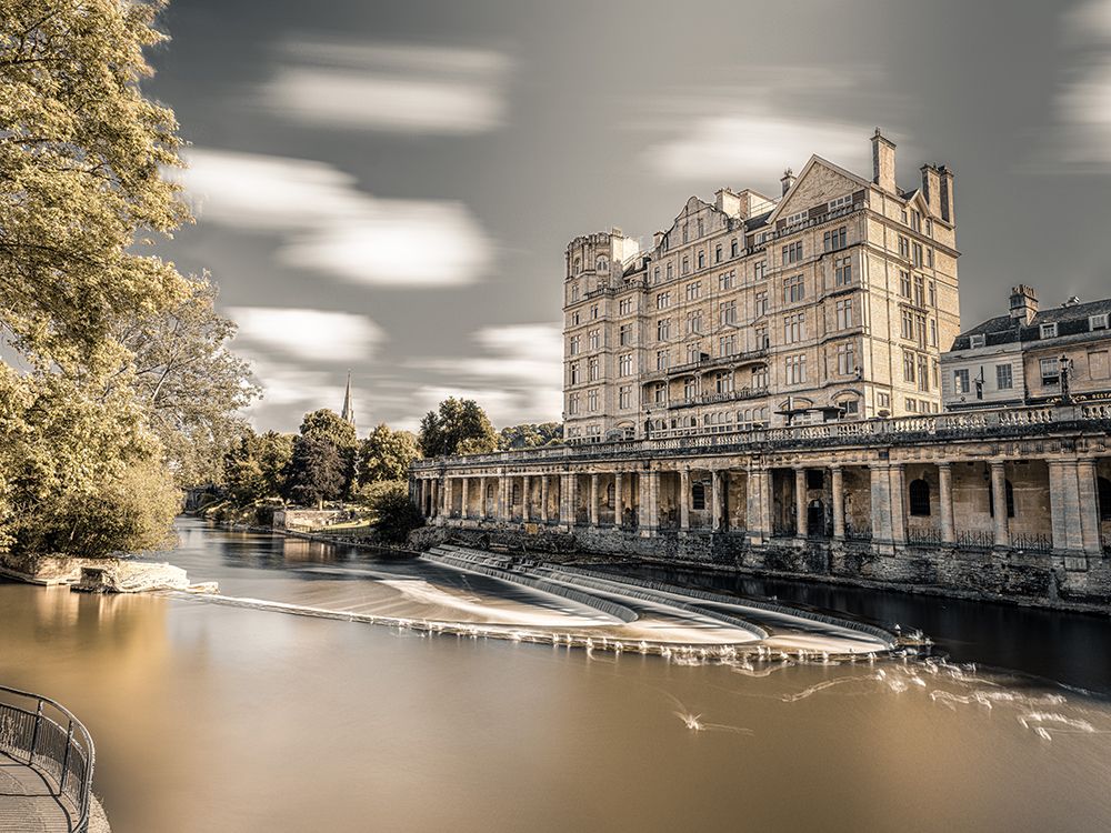 River through Bath city with buildings around, UK