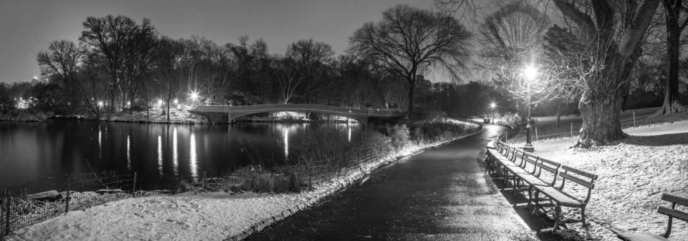 Path in cental park at night, winter, snow, New York.