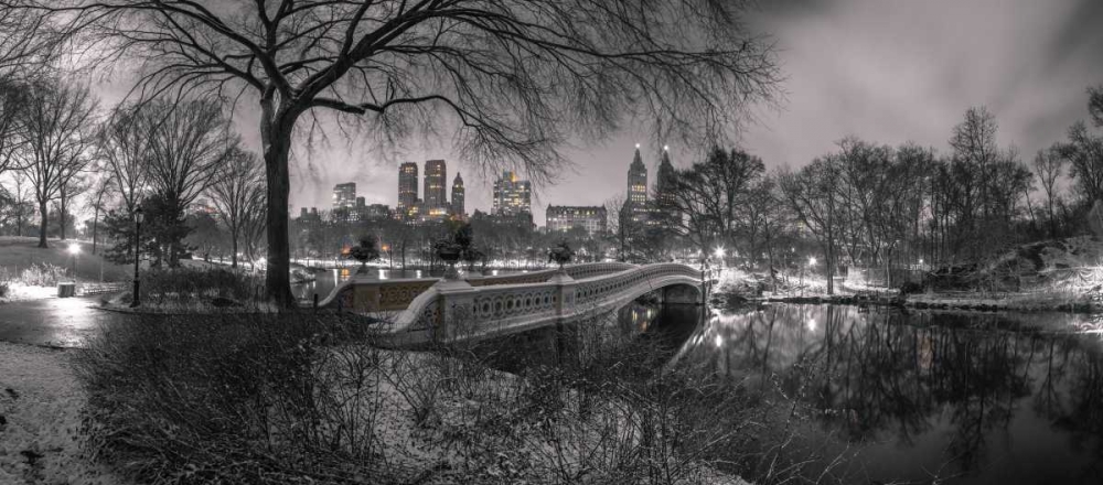 Central park Bow Bridge with Manhattan skyline, New York