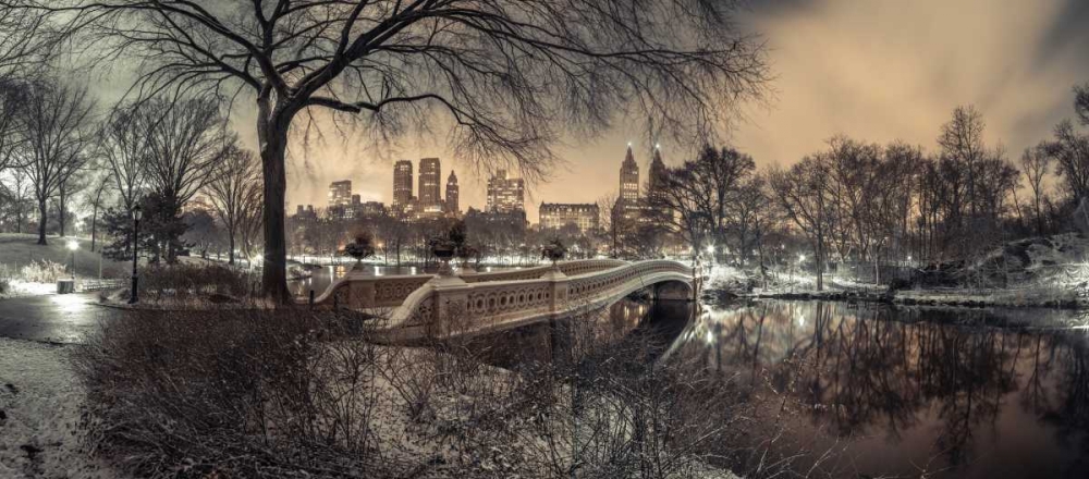 Central park Bow Bridge with Manhattan skyline, New York