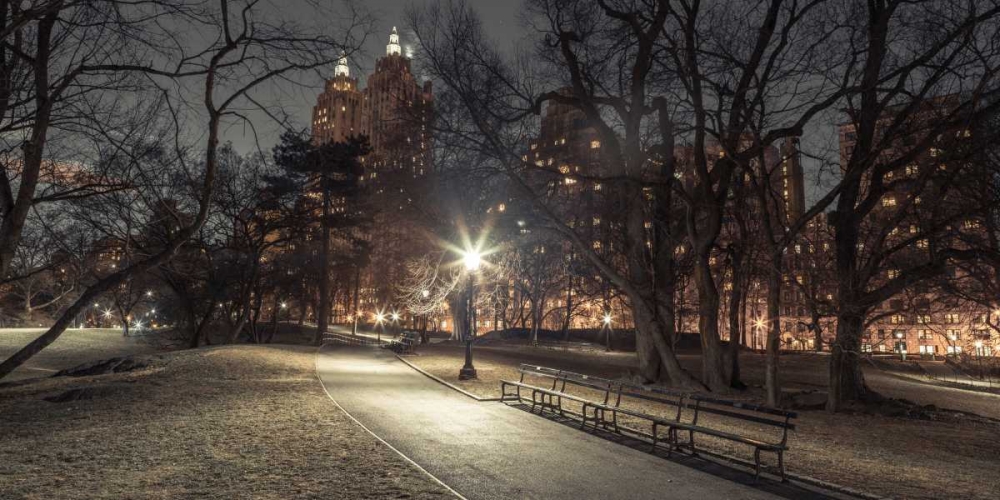 Path in cental park at night, winter, snow, New York.